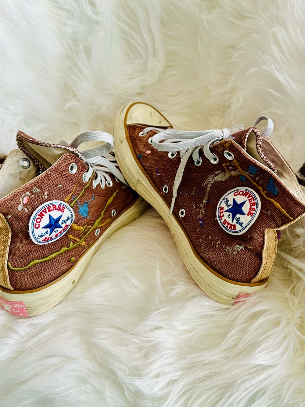 Converse All Star High Top Brown Embroidered Distressed Sneakers M 9.5 W 11.5